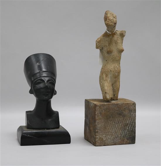 A terracotta torso and an Egyptian bust torso height 24cm